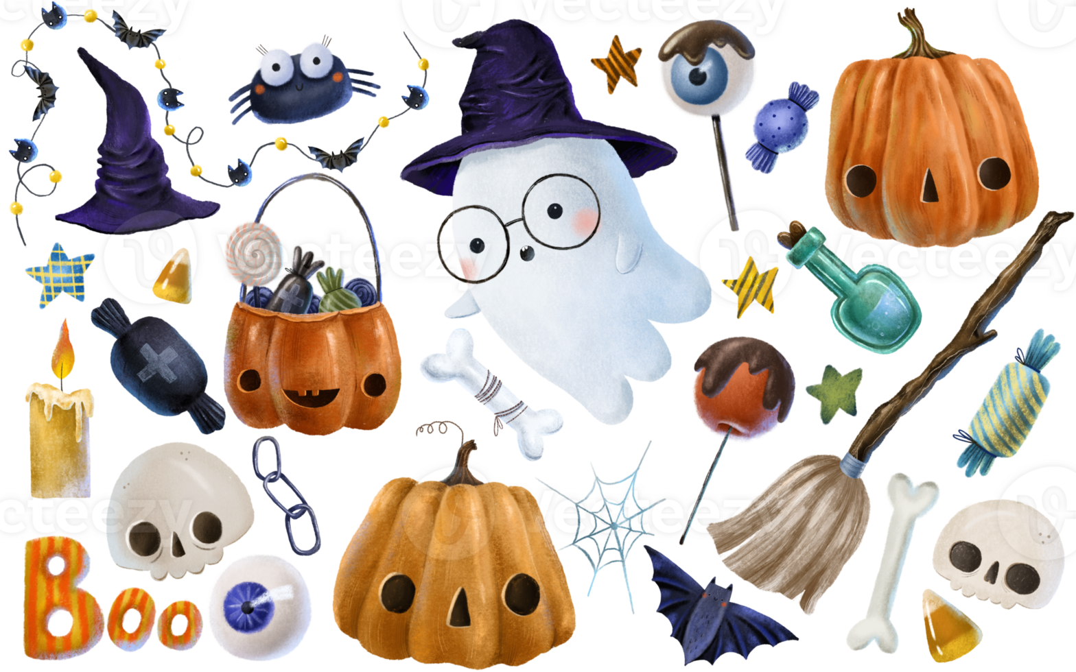 Holiday Halloween set of  elements for design. Set with halloween isolated elements.  Pumpkin, witch's cauldron, candy,  ghosts, candy, eyes, skulls. Hand drawn illustration. png