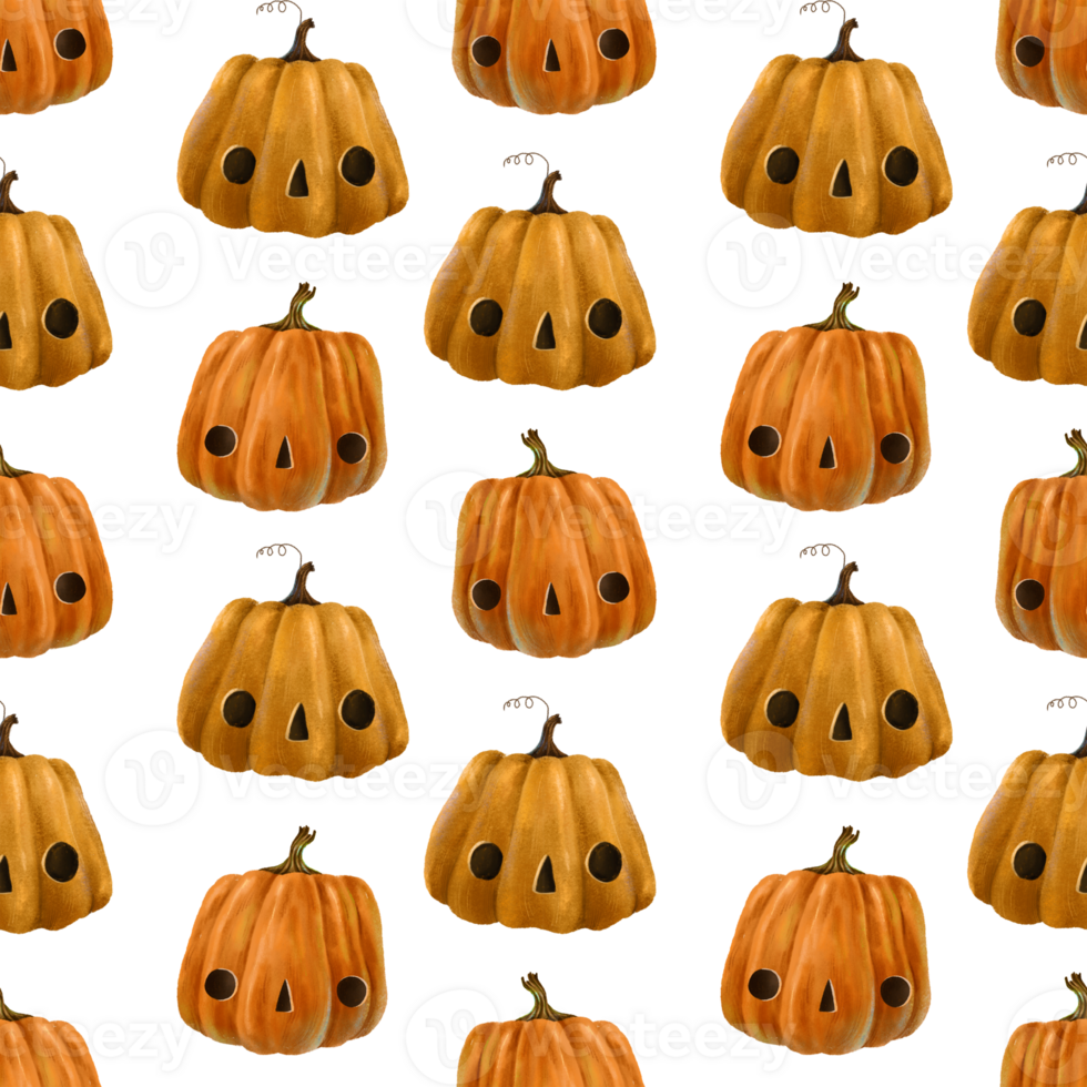 Seamless Halloween pattern with funny orange pumpkin with face. Cute loopable design, isolated vegetable art png