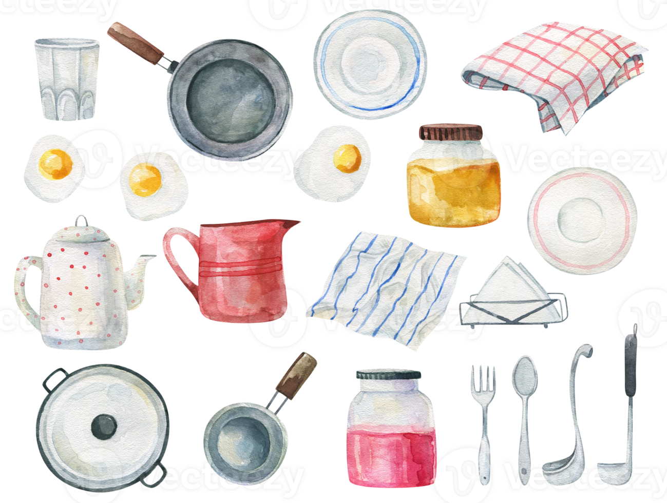 Cooking flat hand drawn illustration. Design elements with kitchen tools. Colored cooking clipart. Kitchen tools watercolor icons set. Isolated scandinavian cartoon objects. png