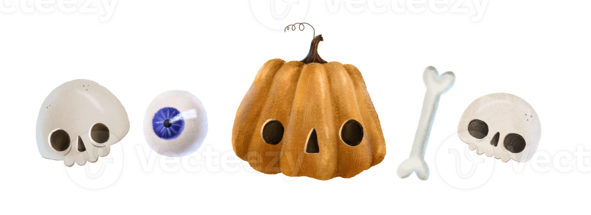 Halloween clipart with skulls, eye and orange pumpkin with face. Cute childish hand painted isolated elements png