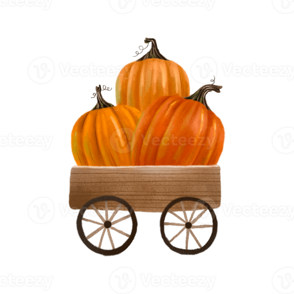 Wooden cart with orange pumpkins. Autumn. Illustration for Halloween. Isolated element png