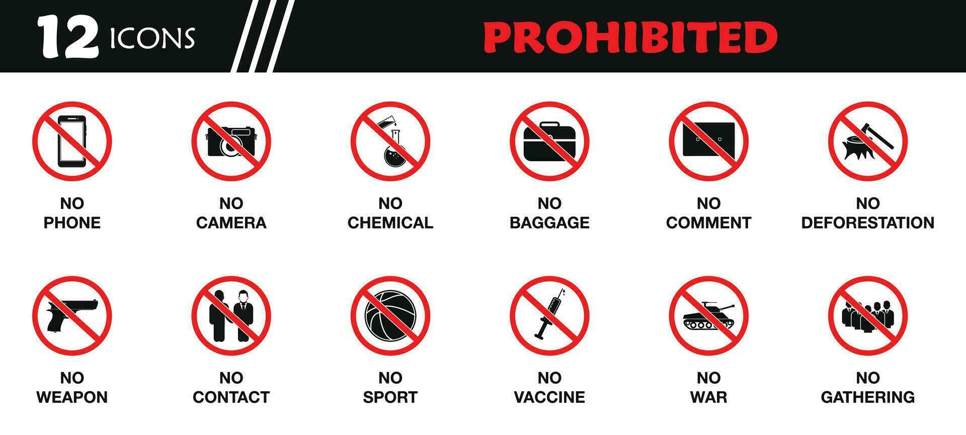 Prohibited Icon Set. Collection of No Phone, Camera, Weapon, Chemical, Baggage, Comment, Contact, Vaccine, War, Sport, Public Gathering and More Icons. Editable Flat Vector Illustration.