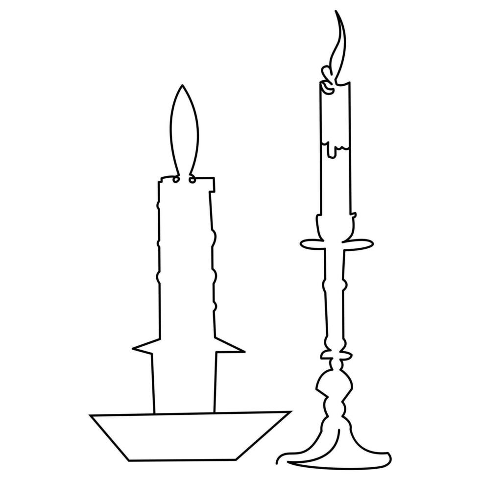 One continuous line drawing of candle lighted and Burning fire and melting candle Light in the dark black outline Vector illustration design