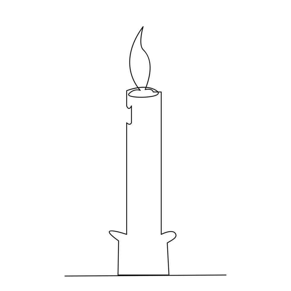 One continuous line drawing of candle lighted and Burning fire and melting candle Light in the dark black outline Vector illustration design