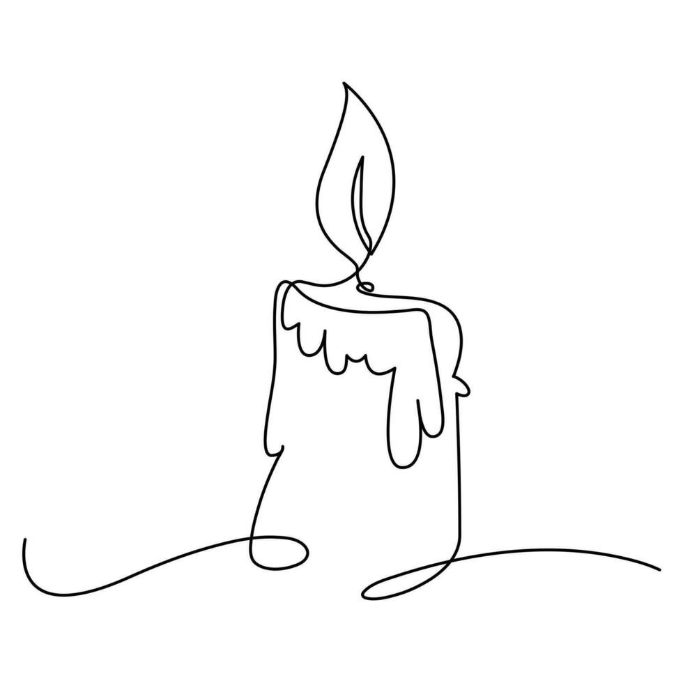 One continuous line drawing of candle lighted and Burning fire and melting candle Light in the dark black outline Vector illustration design