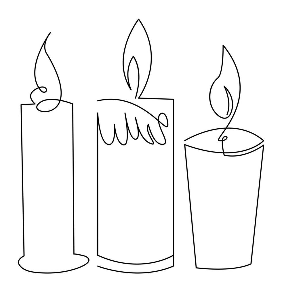 One continuous line drawing of candle lighted and Burning fire and melting candle Light in the dark black outline Vector illustration design