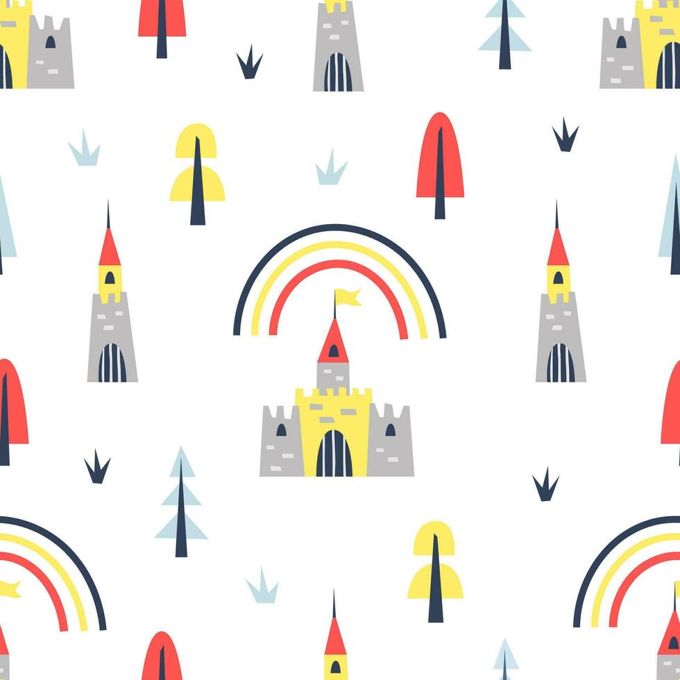 Seamless pattern with a fabulous castle and a rainbow in the forest. cute children's illustration for textiles, stationery and wrapping paper. vector background in cartoon style