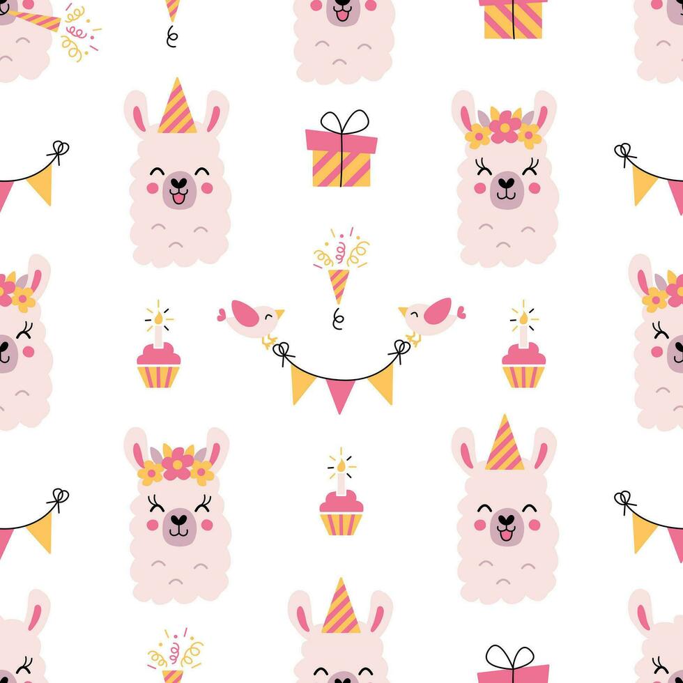 Seamless pattern with funny llamas, birds, flags, firecrackers, gifts and a cake. Children's vector illustration for birthday decoration, wrapping paper, textiles. Flat style