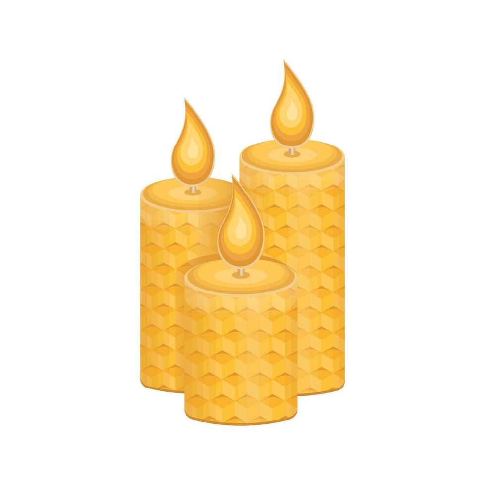 Three beeswax candles on a white background. Environmentally friendly product. Vector illustration