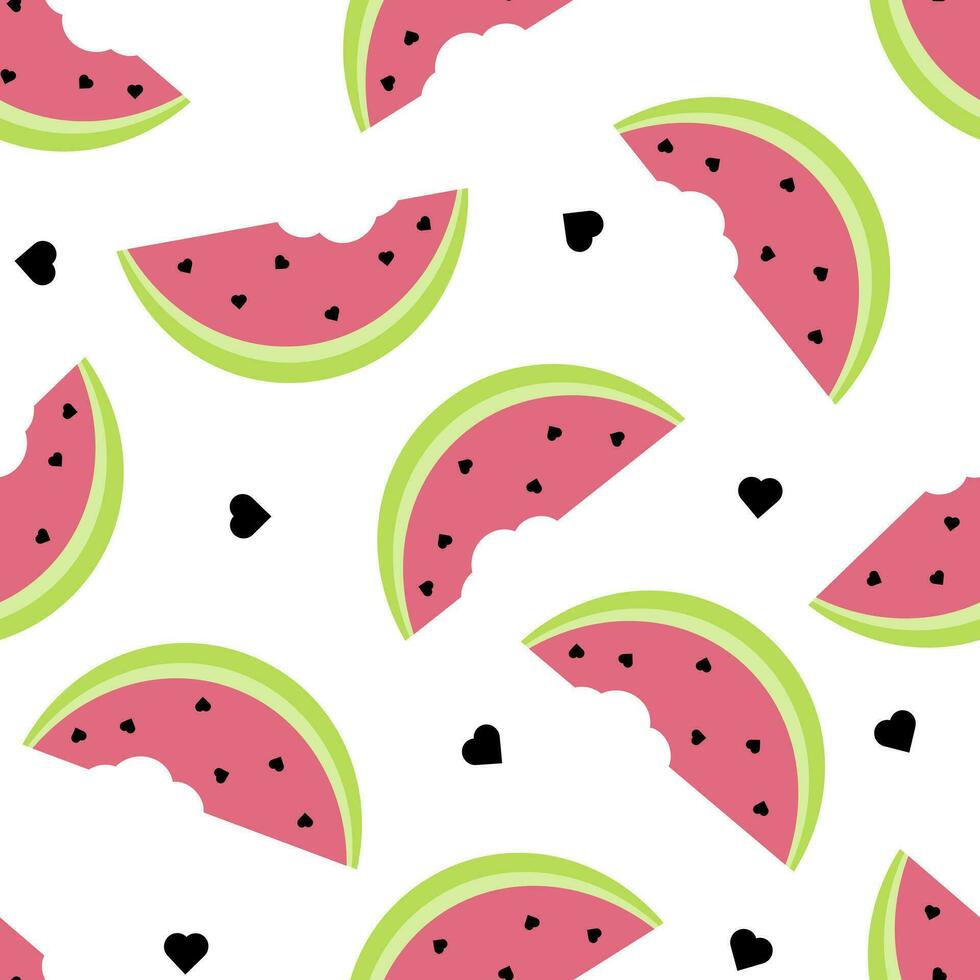 Cute seamless pattern with watermelon slices and black hearts. Summer background vector