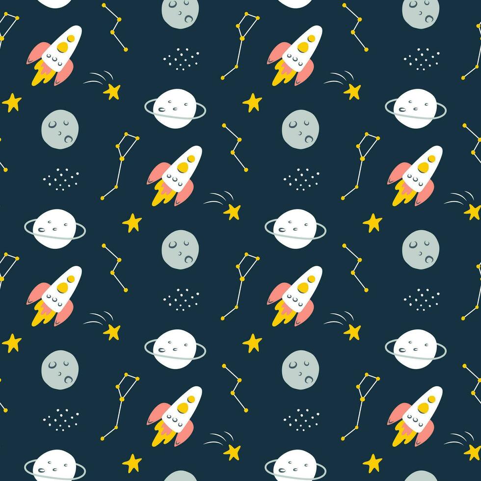 A seamless space pattern with rockets, constellations, planets and stars. Children's cartoon-style illustration for printing on fabric, clothing, stationery and wrapping paper vector