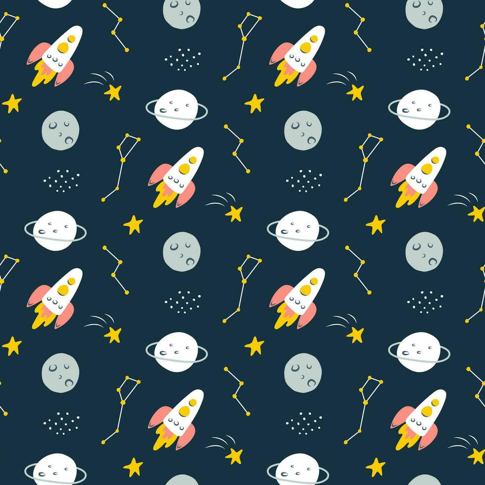 un sin costura espacio modelo con cohetes, constelaciones, planetas y estrellas. para niños estilo de dibujos animados ilustración para impresión en tela, ropa, papelería y envase papel vector