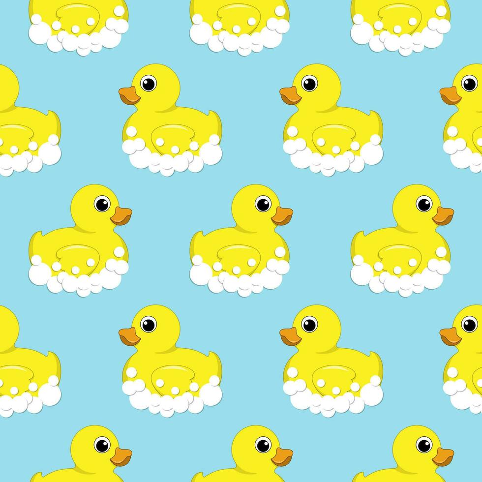 Seamless vector pattern with a rubber duck on a blue background. Illustration with children's bathroom toys