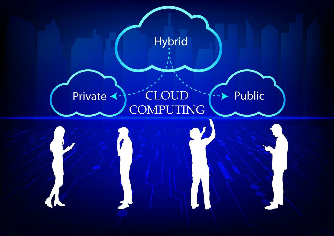 Cloud computing concept with people silhouettes on blue background. Vector illustration.