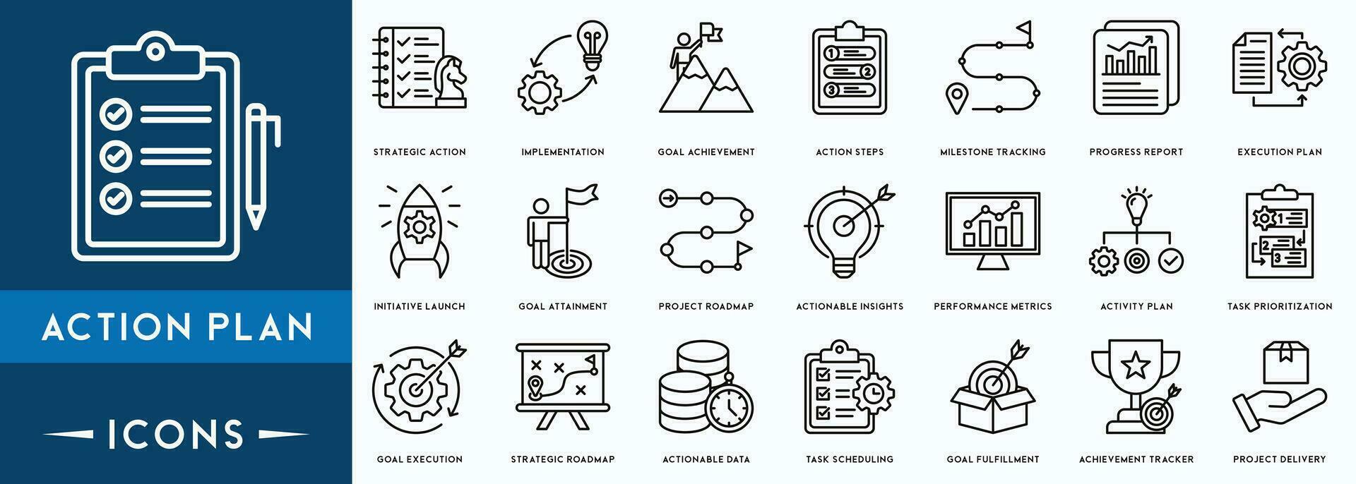 Action plan icon set. Containing planning, schedule, strategy, analysis, tasks, goal and objective icons. vector