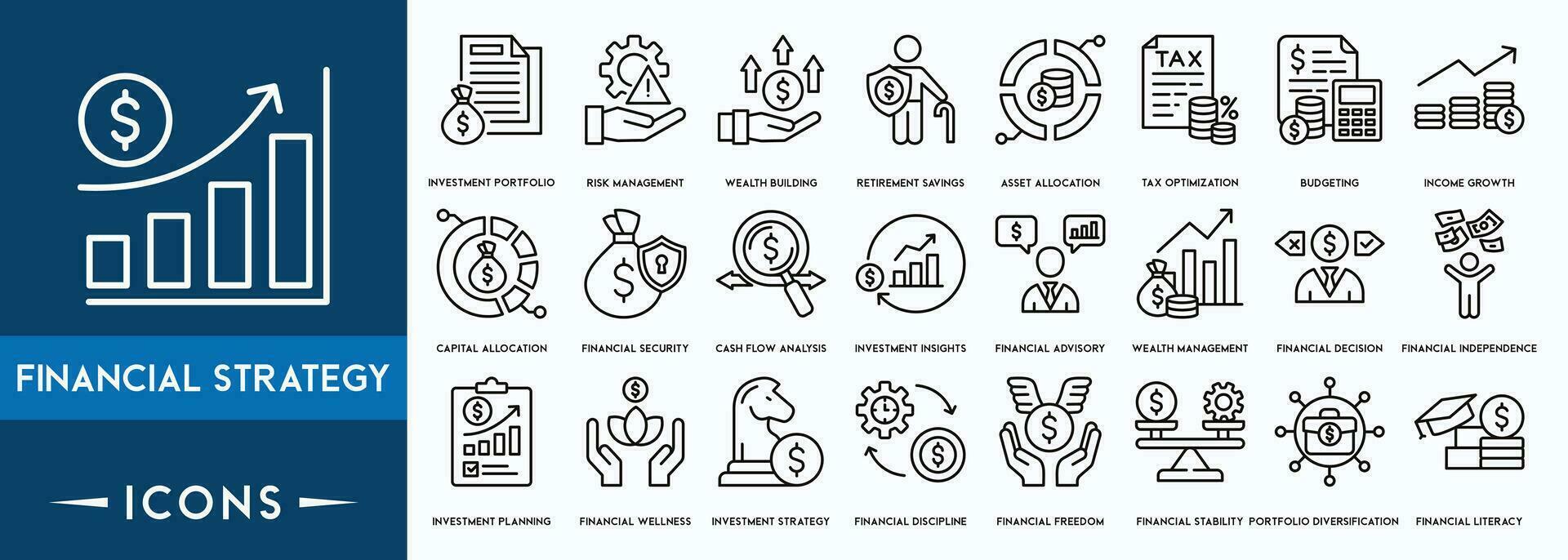 Financial Srategy icon to progress, growth, efficiency. Linear icon collection. vector