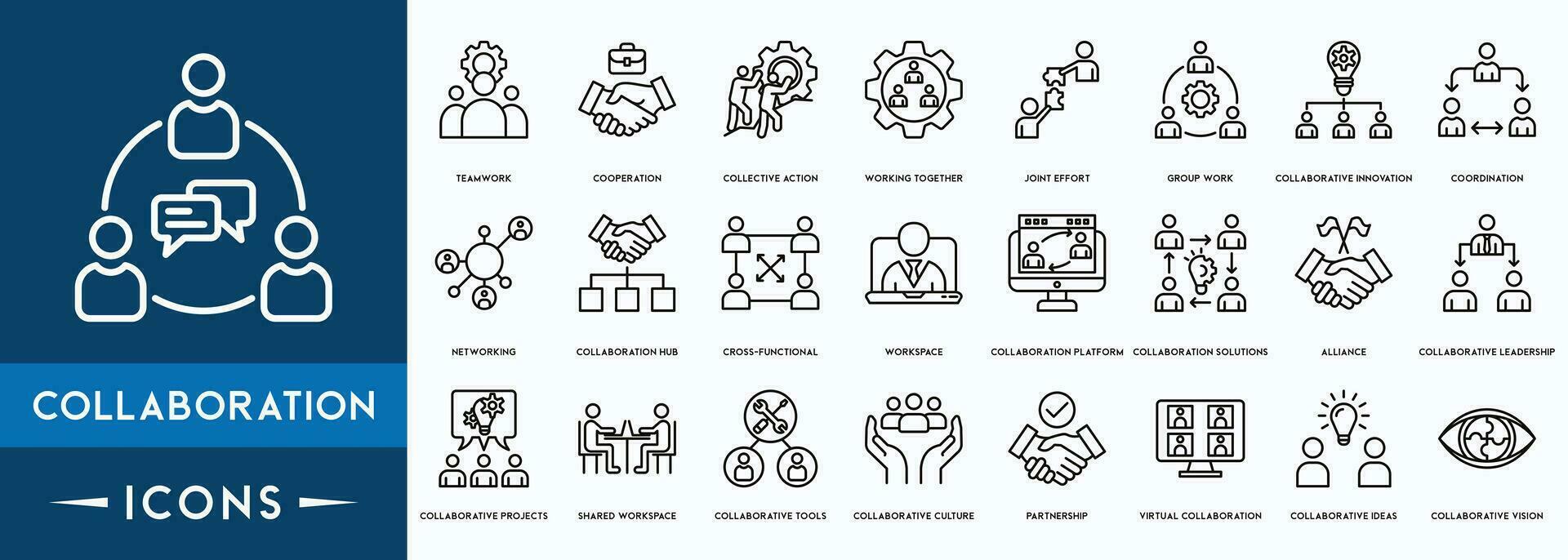 Collaboration icons set. Business team, collaboration, teamwork, team management, discussion, interaction and solution. vector