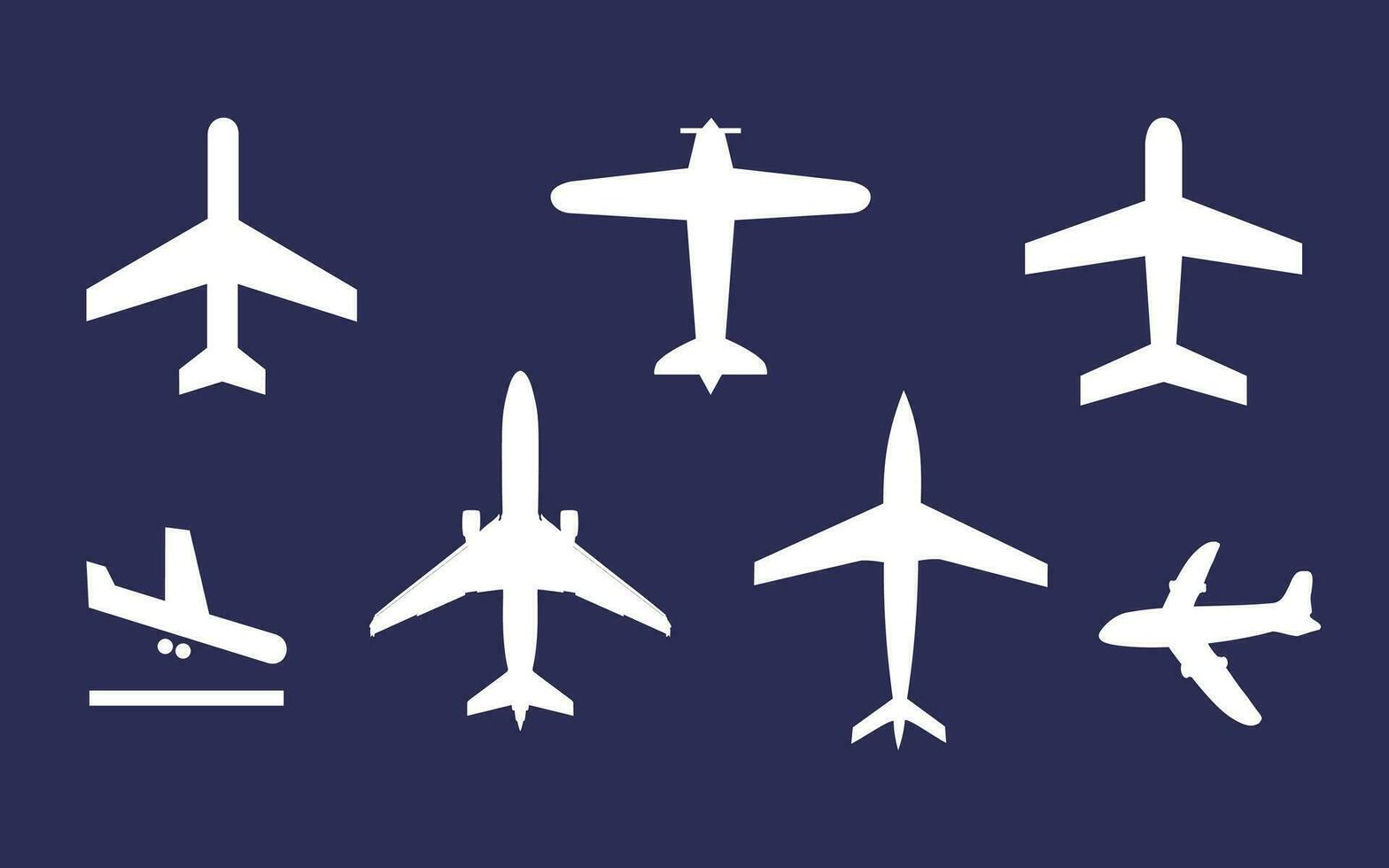 A collection of airplane icons portraying airplane silhouettes in vector format, set against a dark backdrop.