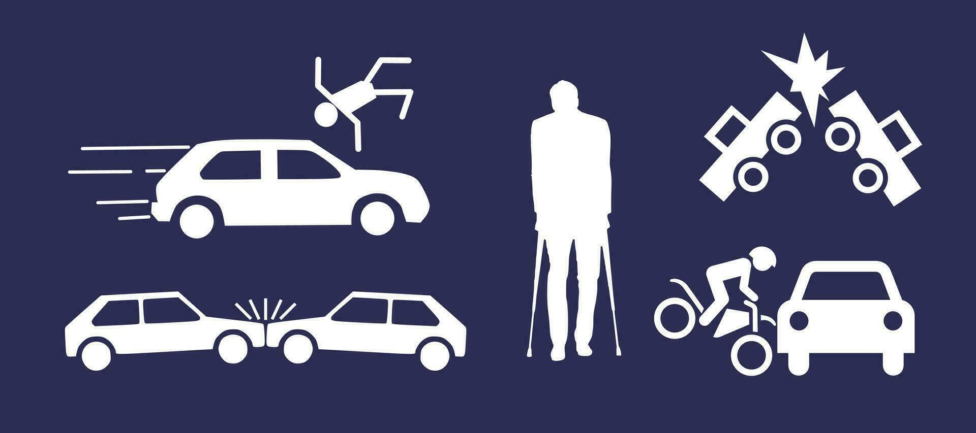 Icons depicting car accidents, rendered in dark and white vector illustrations.