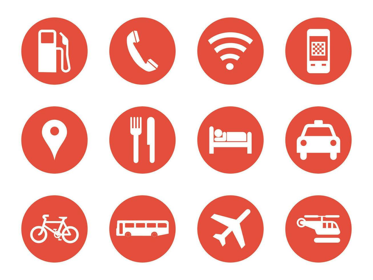 Travelling icon set round style. Including transportation, food, and homestay Vector illustration