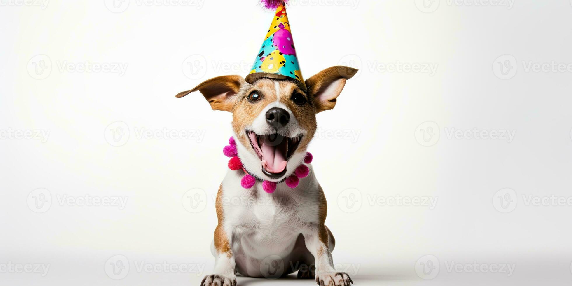 AI Generated. AI Generative. Cute funny dog pet in birthday party hat celebration. Graphic Art photo