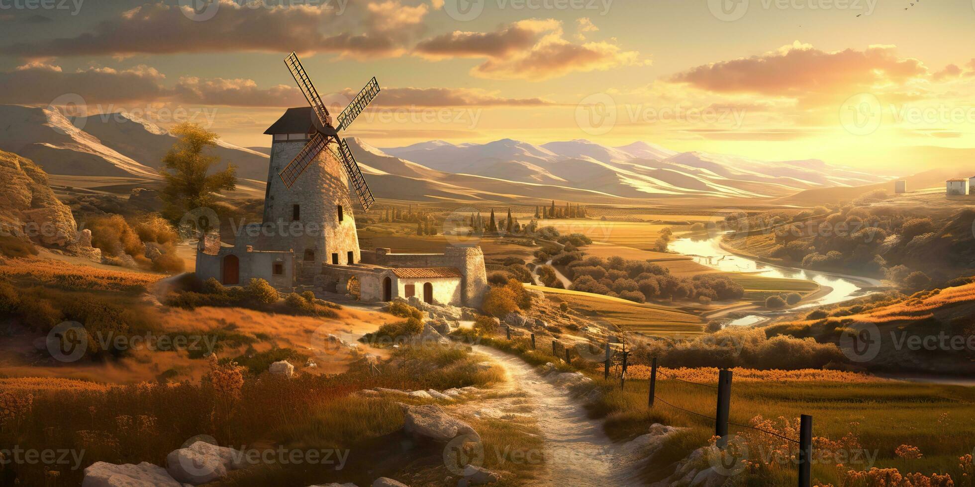 AI Generated. AI Generative. Vintage retru old windmill building nature outdoor countryside landscape background. Graphic Art photo