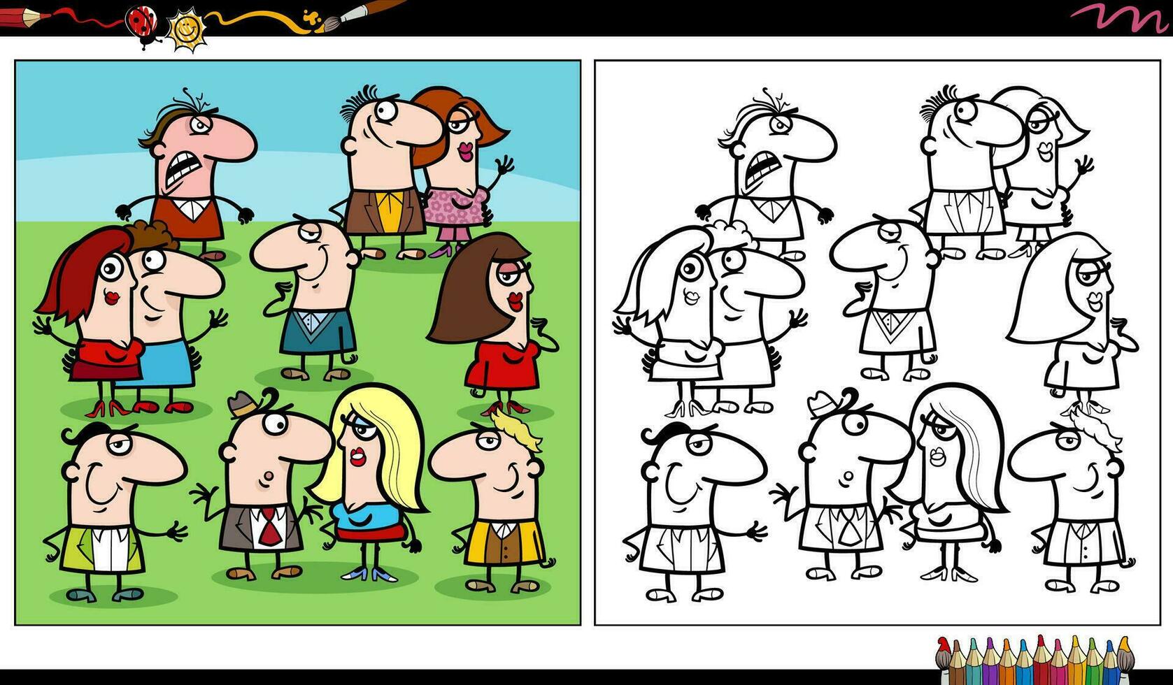 funny comic people characters group coloring page vector