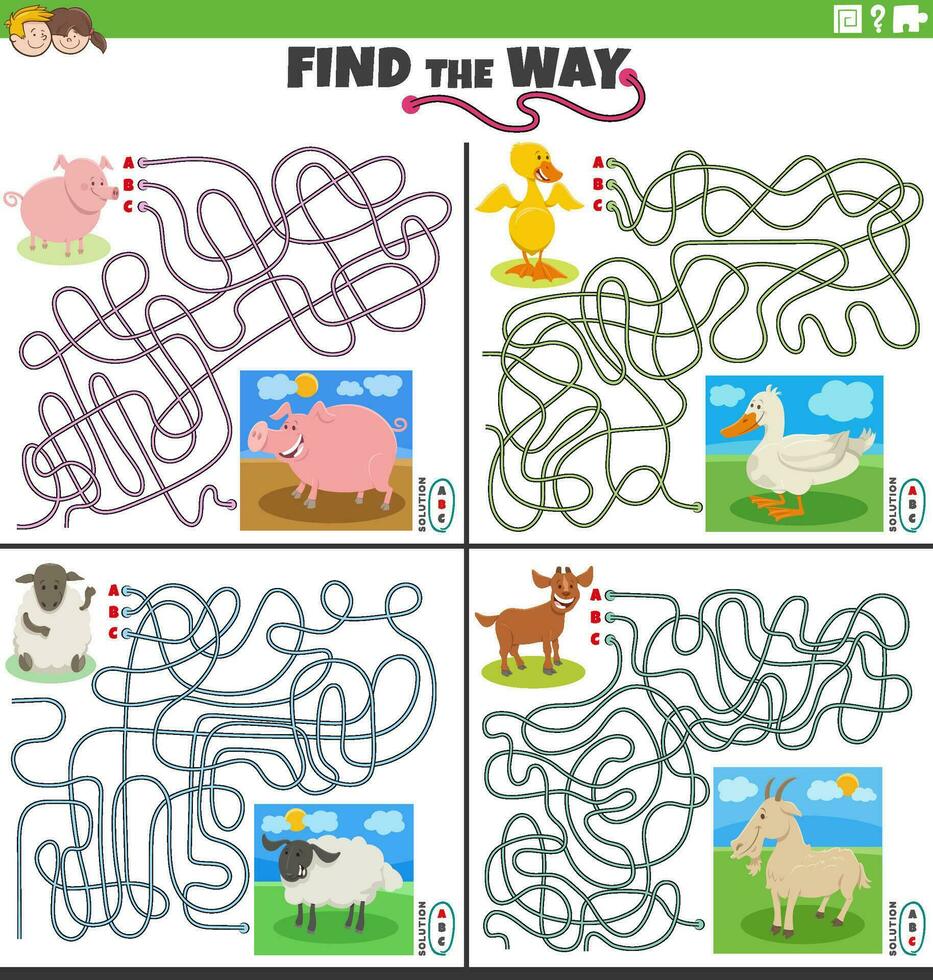 find the way maze games set with farm animals and their babies vector