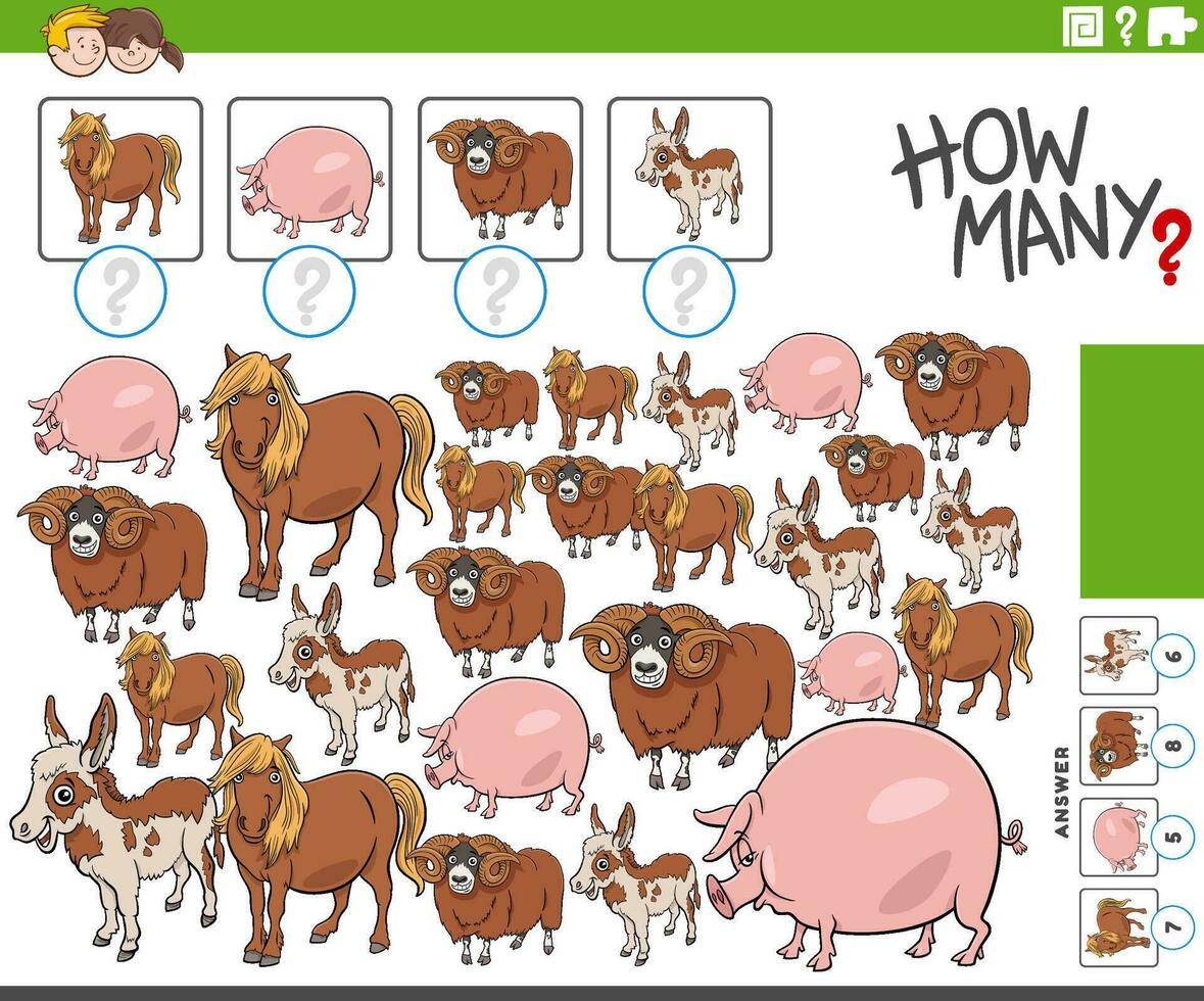 cuántos personajes de animales de granja de dibujos animados juego de contar vector