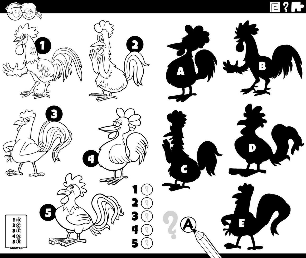 shadows game with cartoon roosters coloring page vector