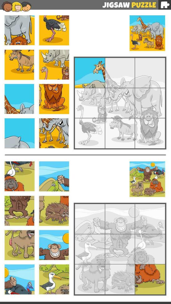 jigsaw puzzle games set with wild animal characters vector