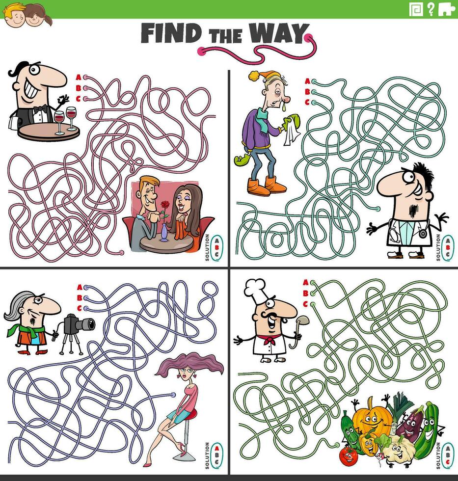 find the way maze games set with people and their occupations vector