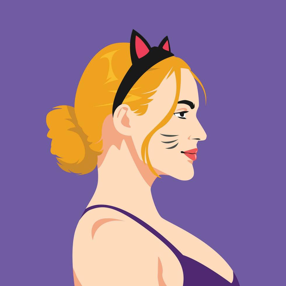 Side view face of blonde woman with bun hair wearing cat ear headband in profile. cat whisker makeup. halloween avatar. flat vector illustration.