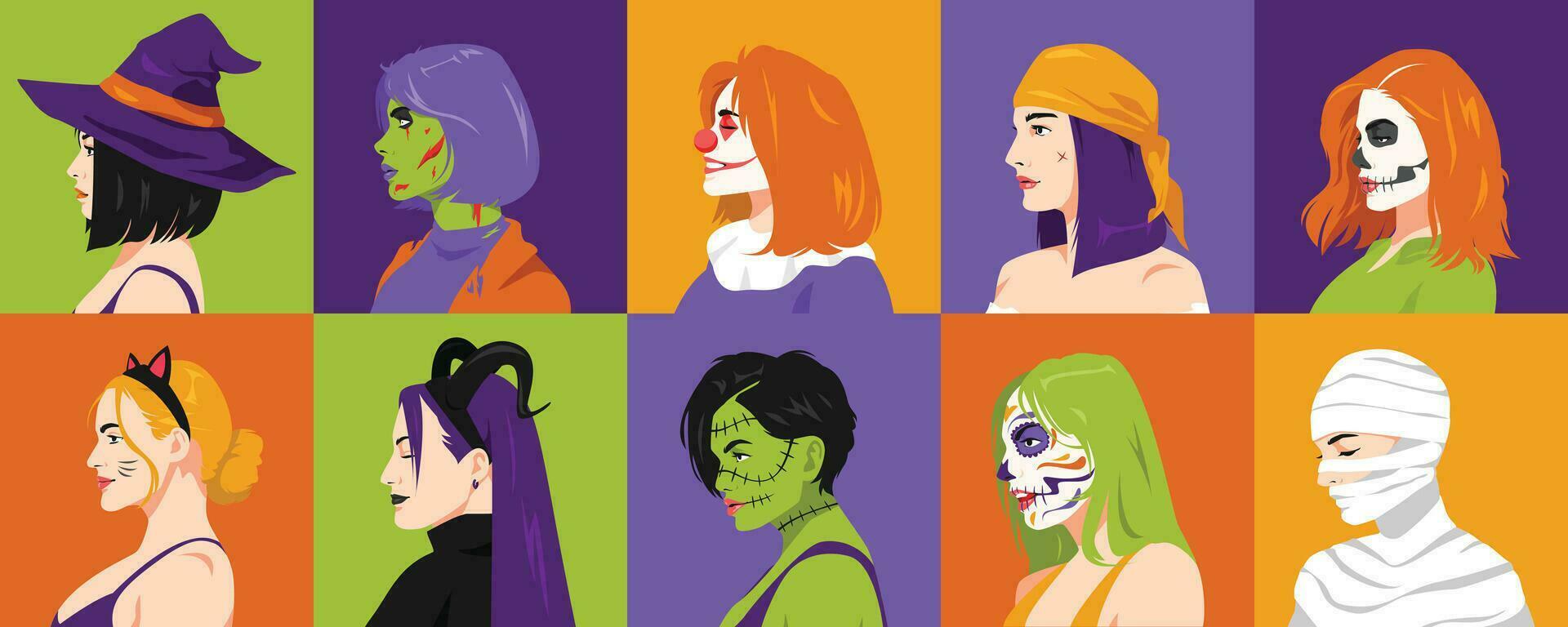 set of multiple people woman faces with different horror costumes and makeup in profile. avatar side view. vector flat illustration.