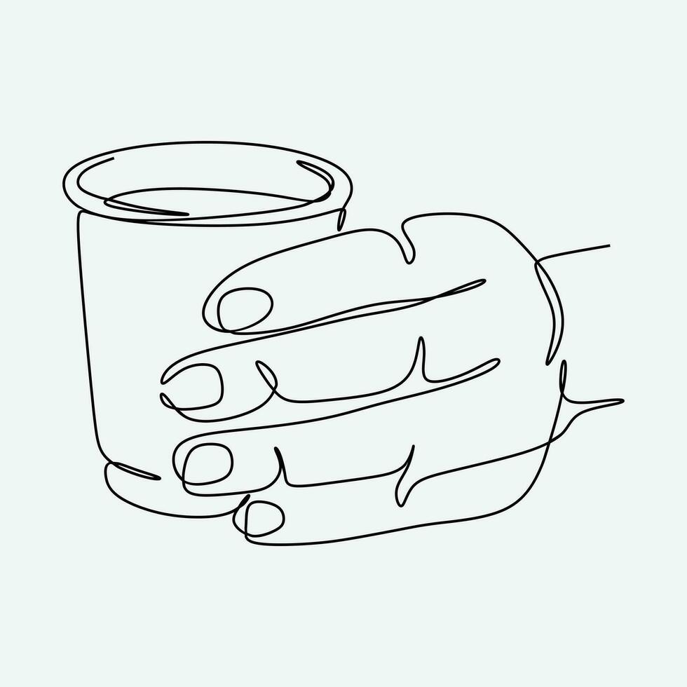 continuo línea dibujo de un mano participación café en un papel café taza. uno soltero línea. gráfico diseño vector ilustración.