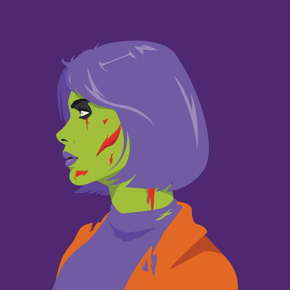 face of zombie girl with short hairstyle and many wounds on face in profile. halloween avatar side view. flat vector illustration.