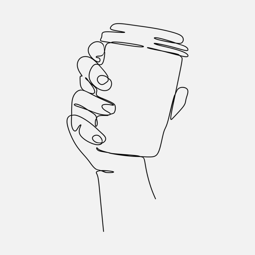 continuous line drawing of a hand holding coffee in a paper coffee cup. one single line. graphic design vector illustration.