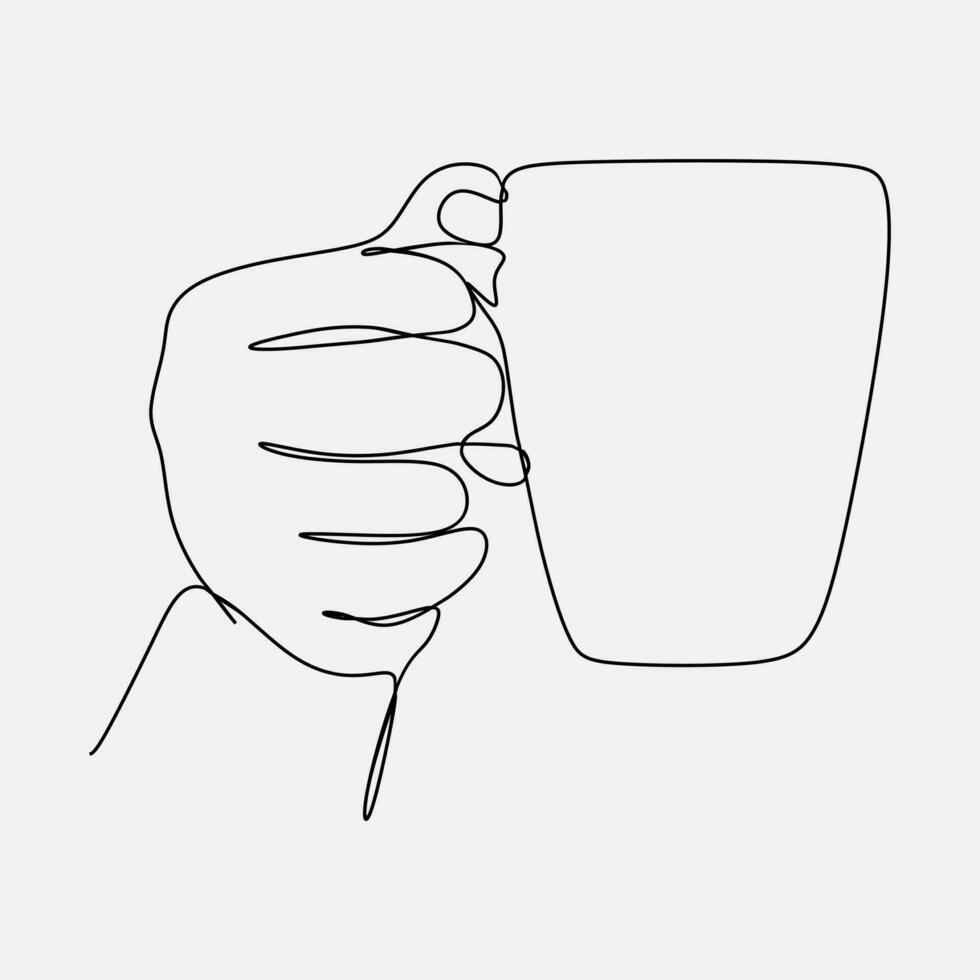 continuous line drawing of a hand holding coffee in a mug. one single line. graphic design vector illustration.