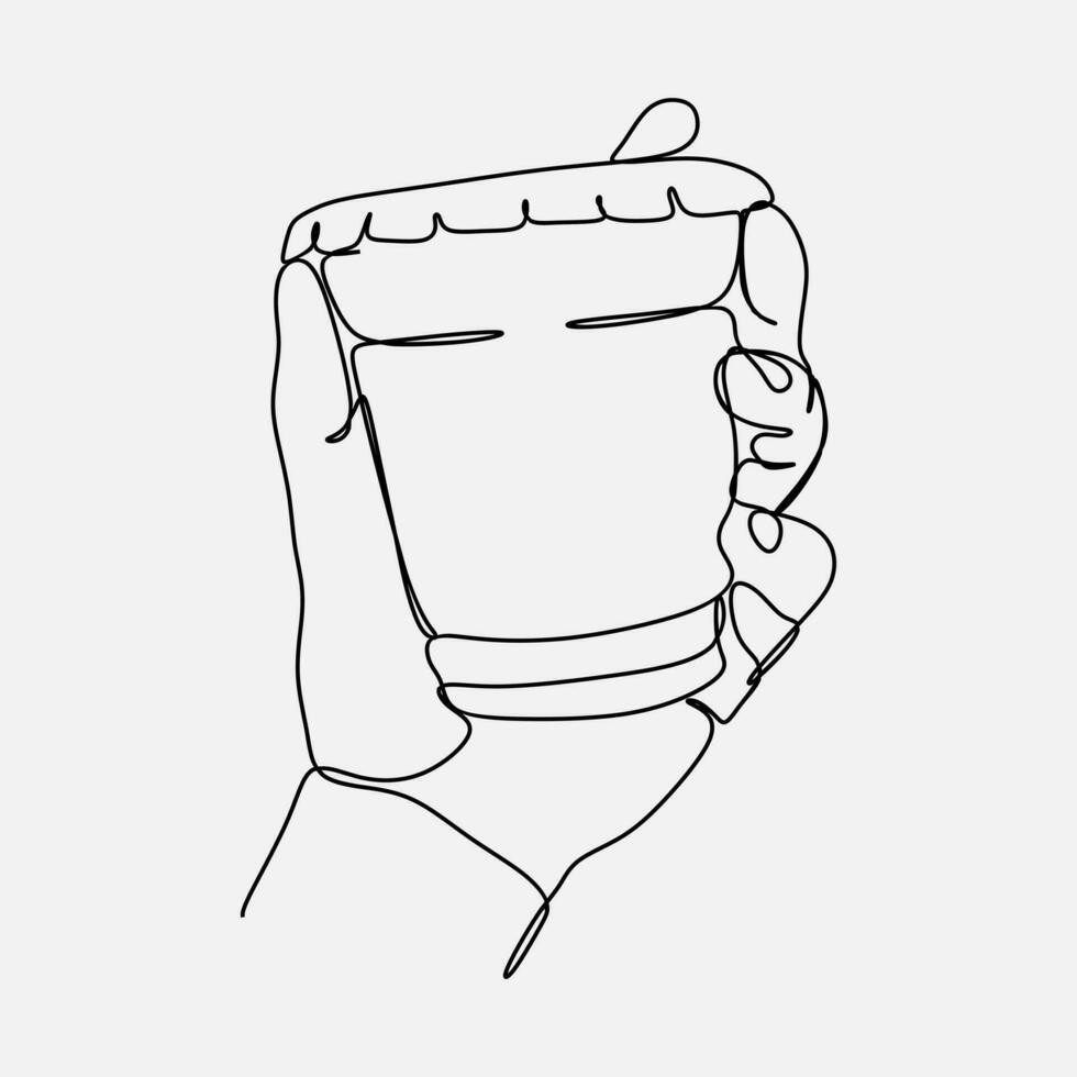 continuous line drawing of a hand holding coffee in a paper coffee cup. one single line. graphic design vector illustration.