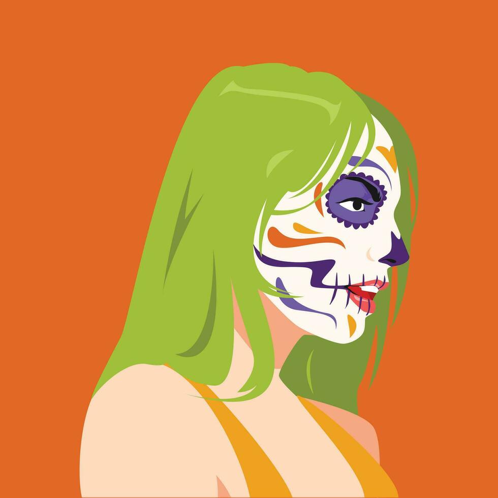 niña con azúcar cráneo cara maquillaje para día de el muerto, Víspera de Todos los Santos en perfil, avatar, lado vista. moderno plano vector ilustración.