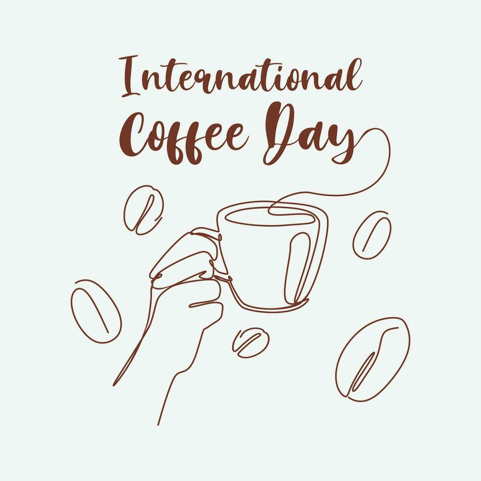 International coffee day celebration background. October 1. Hand holding coffee and coffee beans element with one continuous drawing style. vector illustration.
