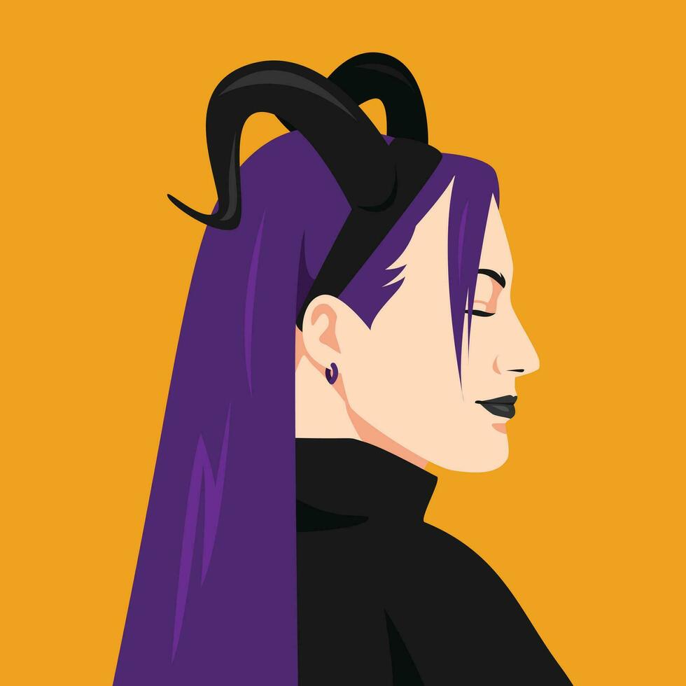 Side view face of woman long straight hair wearing goat horn headband in profile. purple lips. halloween avatar. flat vector illustration.