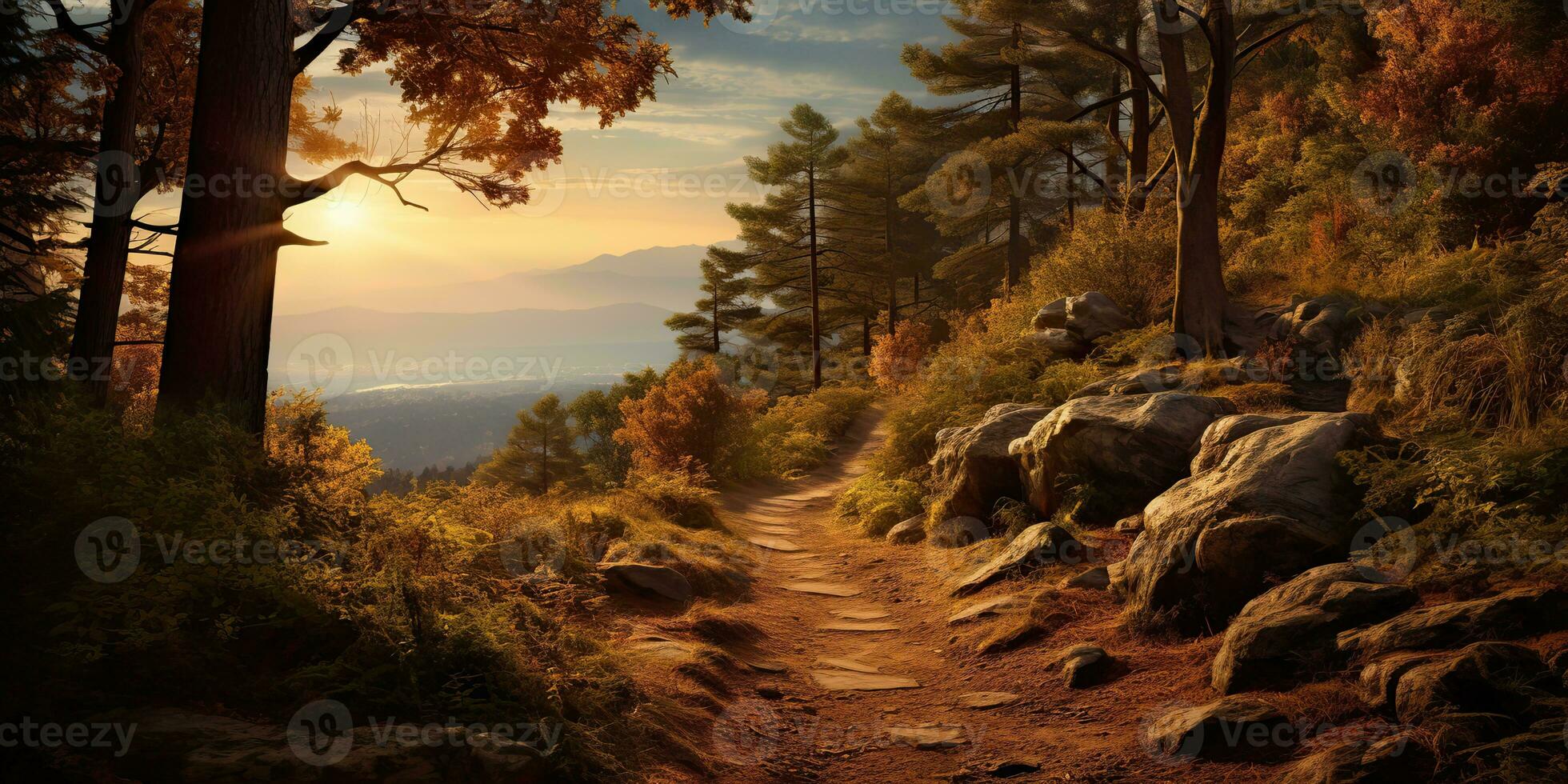 AI Generated. AI Generative. Outdoor nature mountain rock hill path way through forest at sunset. Adventure trip explore travel hiking, Graphic Art photo