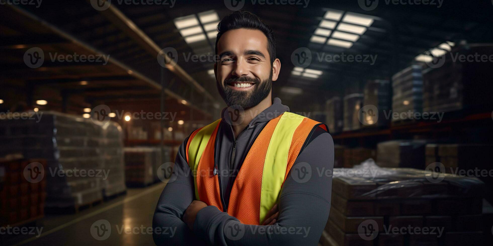 AI Generated. AI Generative. Warehouse stock house shipping delivery cargo logistic worker manager portrait background. Graphic Art photo