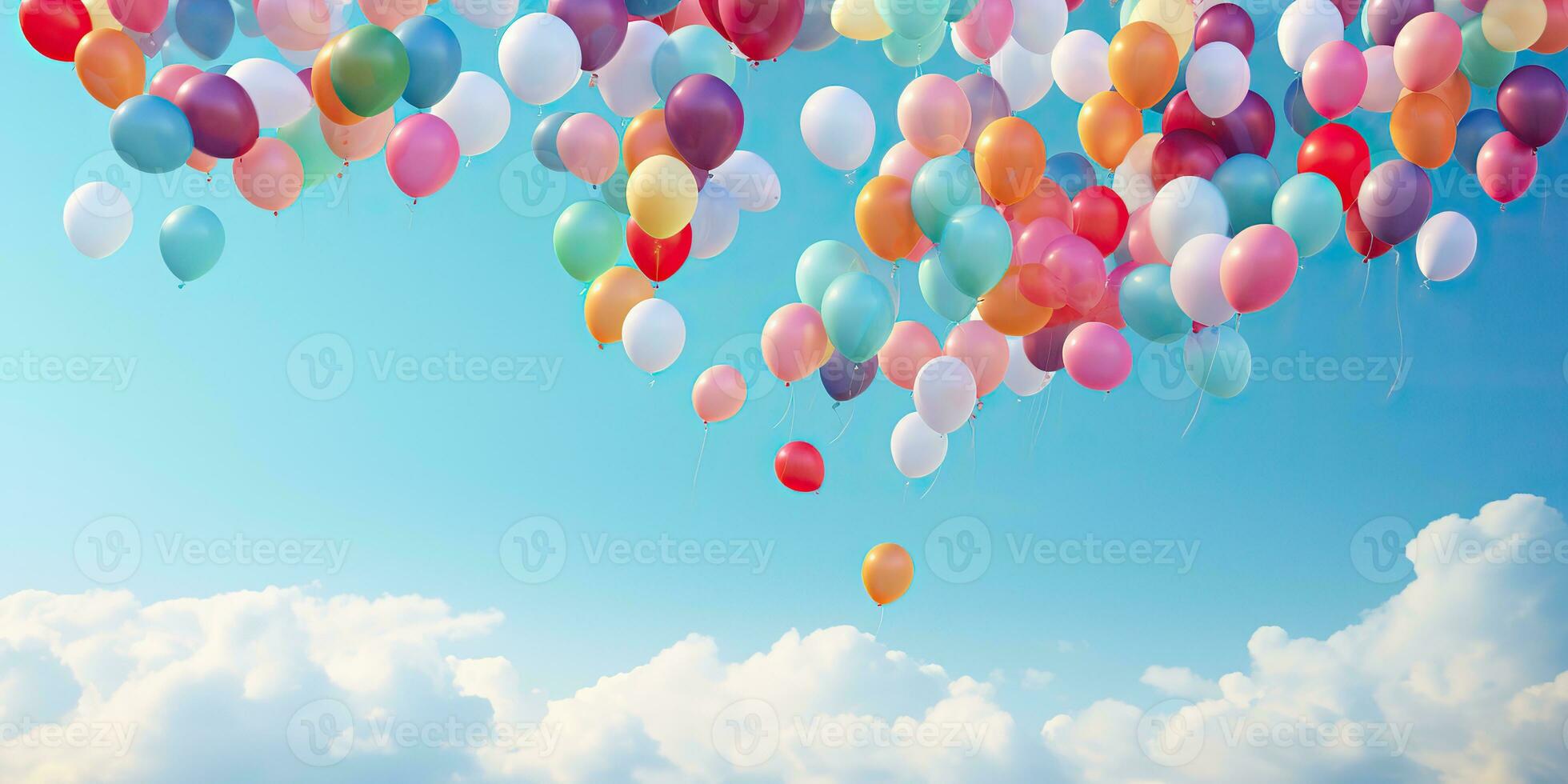 AI Generated. AI Generative. Many helium balloons balls in the blue sky flying background. Graphic Art photo