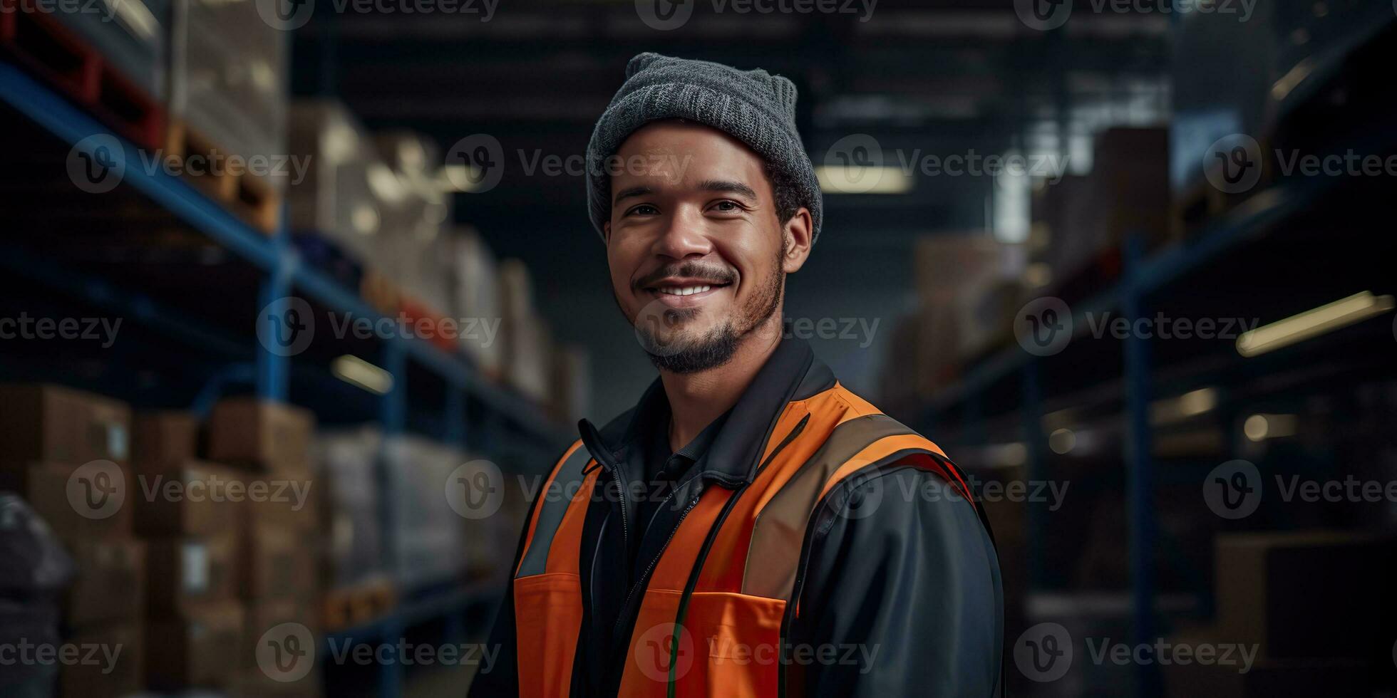 AI Generated. AI Generative. Warehouse stock house shipping delivery cargo logistic worker manager portrait background. Graphic Art photo