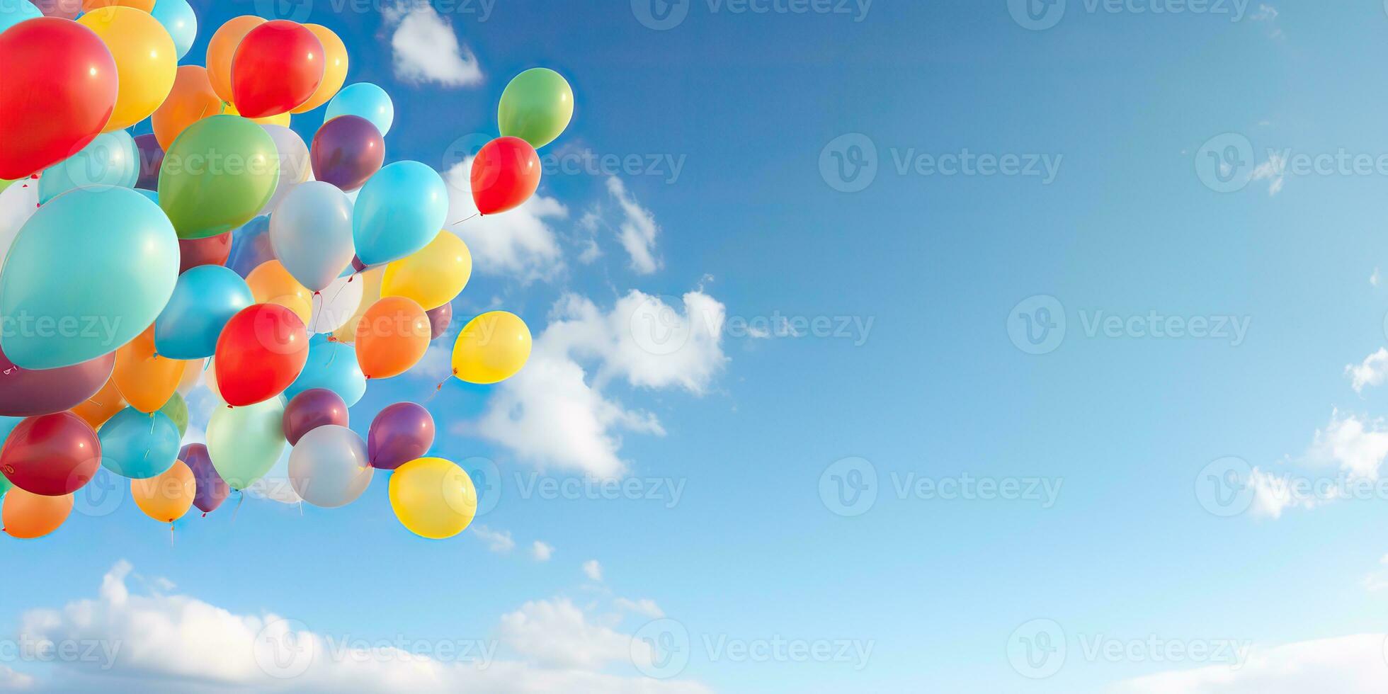 AI Generated. AI Generative. Many helium balloons balls in the blue sky flying background. Graphic Art photo
