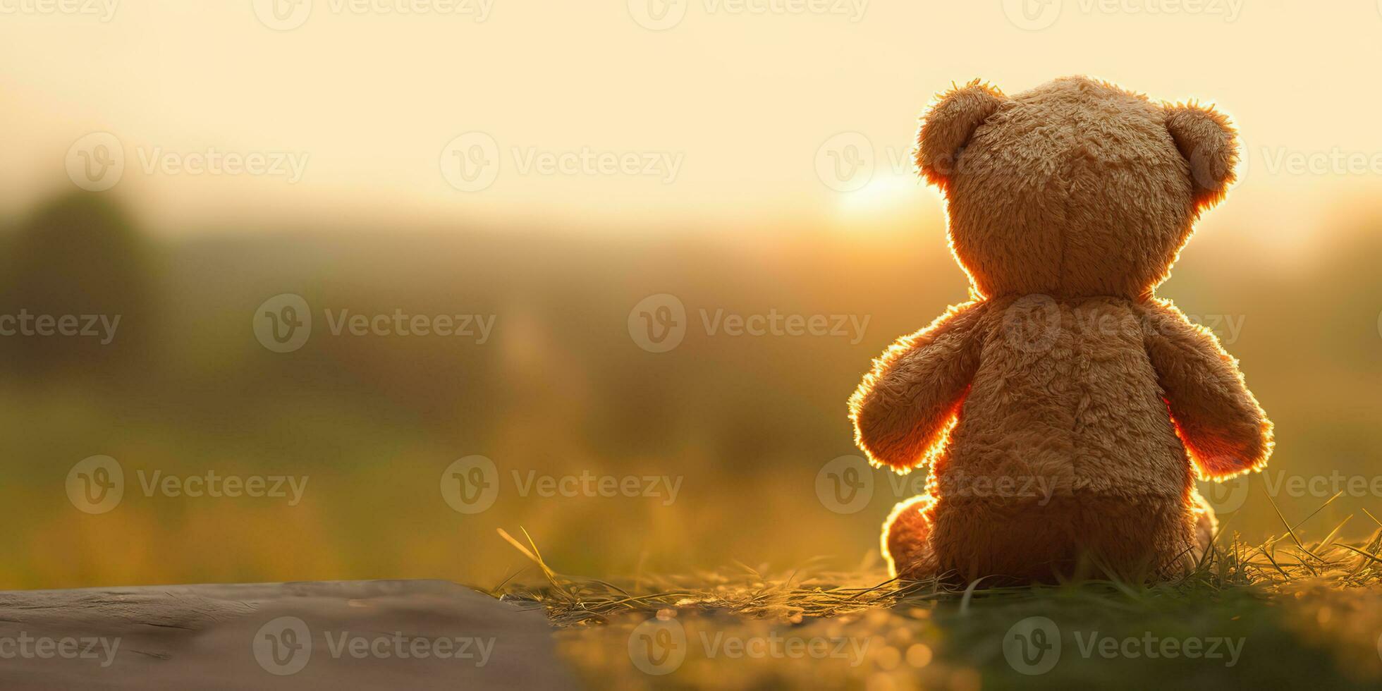 AI Generated. AI Generative. Alone missing one toy doll little bear sitting looking on sunset background landscape outdoor. Graphic Art photo
