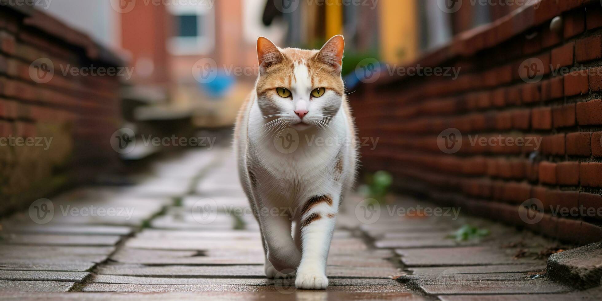 AI Generated. AI Generative. One lonely cat pet walking street city urban background. Graphic Art photo