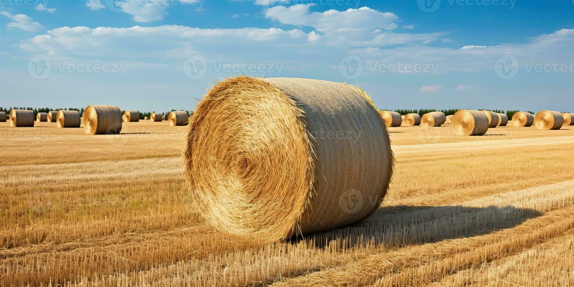 AI Generated. AI Generative. Autumn countryside harvest farming round bales stack. Outdoor nature landscape. Graphic Art photo